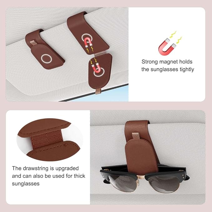 Sotfamily Sunglass Holder for Car Visor, Brown, 2 Packs | Suede Cloth, Magnetic, Organizer for Car Accessories