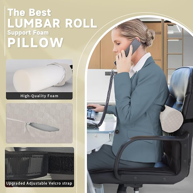 Coeyese Lumbar Roll Pillow for Lower Back Support, Cream, Short-11 * 4.3'' | Removable Pillowcase, Upgraded Adjustable Strap, Suitable for Office, Chair, Car, Seat Pain Relief & Improving Posture