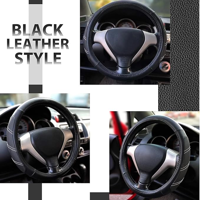 Car Steering Wheel Cover, 15 Inch Leather Breathable Auto Wheel Protection Cover with Non-Slip Lining, Padded Soft Grip Vehicle Steering Protector, Universal Fit (Black)