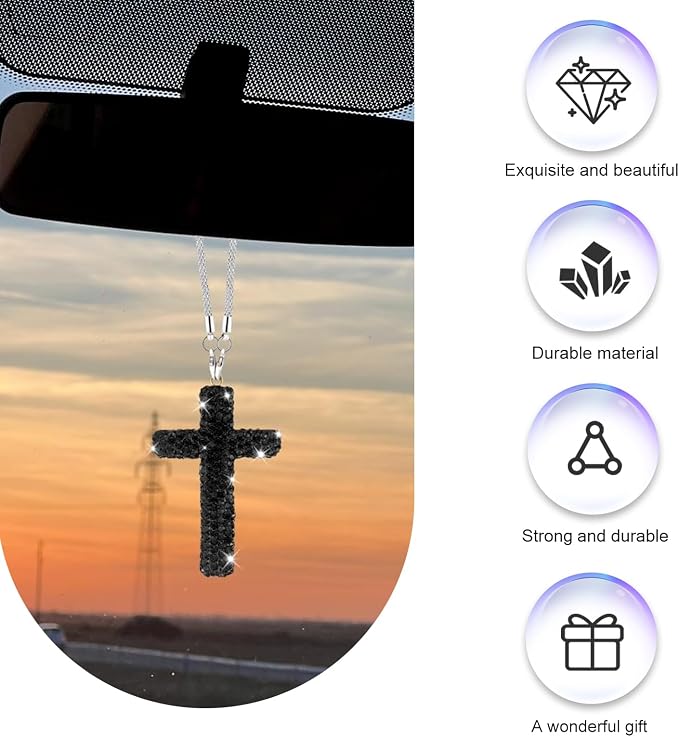 Bling Cross Car Mirror Hanging Accessories, Crystal Rhinestone Rear View Mirror Pendant, Religious Rearview Mirrors Decoration Charm, Car Hanging Ornament, Auto Interior Accessories (Black)