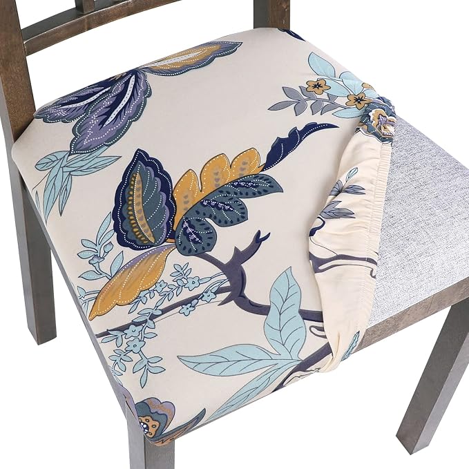SearchI Seat Covers for Dining Room Chairs Stretch Printed Chair Seat Covers Set of 6, Removable Washable Upholstered Chair Seat Protector Cushion Slipcovers for Kitchen, Office(Flower Pattern)