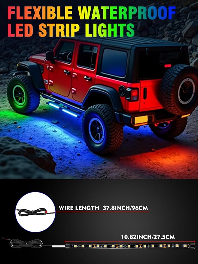 Car Led Light Strip IP67 Waterproof 8Pcs - Green Blue Red White | 12V 11Inch Footwell & Underglow Lights, Interior & Exterior Decoration, Fits SUVs, Trucks, Motorcycles, Boats, Golf Carts