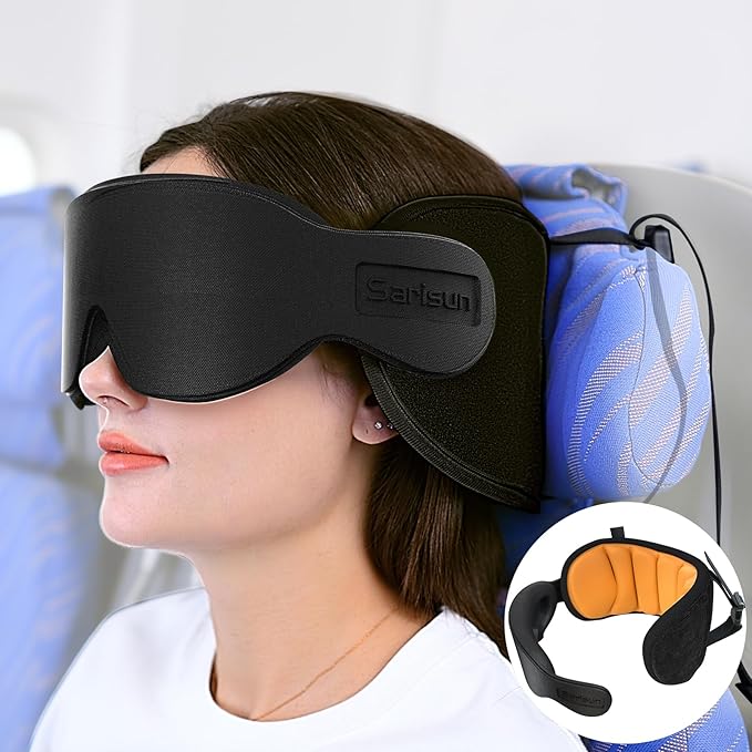 SARISUN Travel Pillows for Airplanes, Airplane Pillow for Long Flight, Airplane Head Strap with Eye Mask for Sleep, Travel Neck Pillow for Car Road Trip, 360° Support Headrest, Stop Bobblehead, Yellow