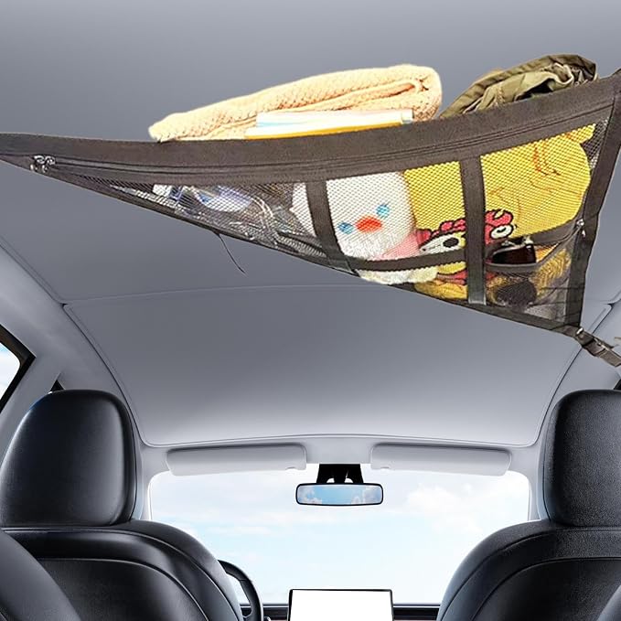 Car Ceiling Cargo Net – Double-Layer Roof Storage Mesh, Triangle Overhead Organizer Pocket | Long Trip Travel Ceiling Mesh Storage Net, Interior Vehicle Space Saver for Car Journeys Packing