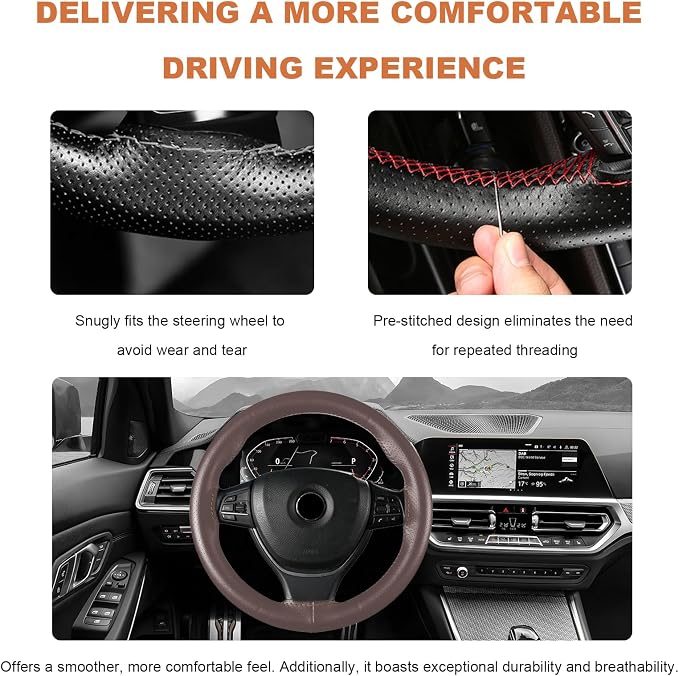 Genuine Leather Steering Wheel Cover, 15 Inch Stitch on Wheel Wrap with Needles & Threads, Breathable Steering Wheel Protector DIY Sewing Wrap for Car Truck SUV (Coffee, Full Hole)