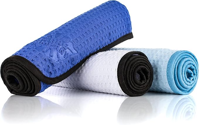 The Rag Company Dry Me A River, Professional Korean 70/30 Blend Microfiber Waffle-Weave Drying & Detailing Towels, Soft Suede Edges, 390 GSM, 16x24 Inches, Light Blue, 3-Pack