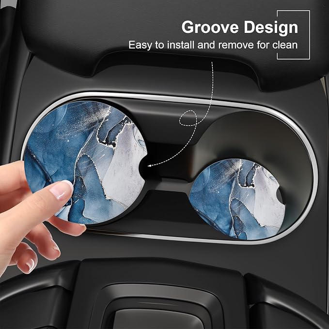 Car Cup Holder Coaster, Car Coasters for Cup Holders, 2 Pack Universal Anti Slip Insert Absorbent Ceramic Auto Interior Accessories with A Finger Notch & Cork Base, Blue Marble