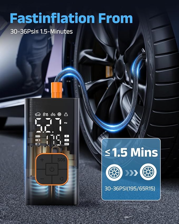 Tire Inflator Portable Air Compressor, Cordless Car Tyre Pump with Digital Dual Values Display, 150 PSI Bike Tires Air Pump with LED Lights&Pressure Gauge for Auto/Bicycle/Motocycle/Balls