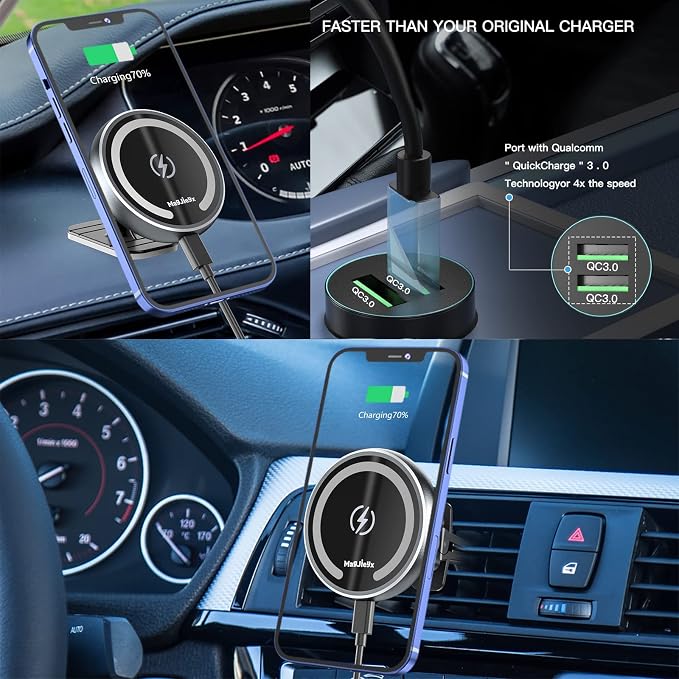 MAGJIEYX for Magsafe Car Mount Charger for Magnetic Wireless Charging for iPhone12/13/14/15/16Pro,Pro Max,Plus,Mini,Vent&Dashboard Strong Magnets Phone Holder with Fast 36W QC 3.0 Adapter(Dark Black)
