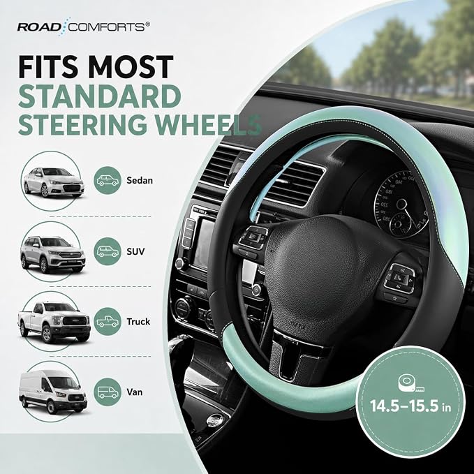 Road Comforts Steering Wheel Cover – Breathable Leather Steering Wheel Cover, Anti-Slip Grip, Universal Fit 14.5” to 15”, Heat & Cold Resistant for Cars, SUVs, and Trucks – Black & Shining Light Blue