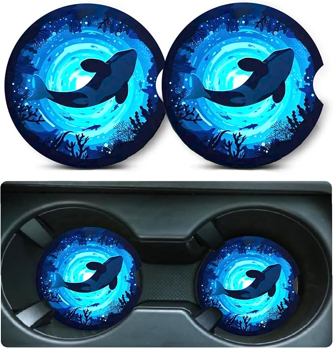 2 Pack Killer Whale Car Cup Holder Coasters Universal Neoprene Coasters | 2.75" Universal Size Anti Slip Rubber Mat, Auto Cup Holder Accessories for SUV Truck, Whale Gifts for Women Men Mom