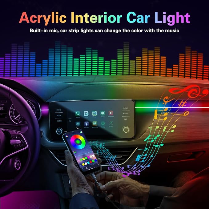 Acrylic Interior Car Lights APP Control, 6 in 1 Car Ambient Lighting Kit | Dreamcolor & 210 modes, Light Uniform and Soft, Wireless APP Control Inside Car Accessories