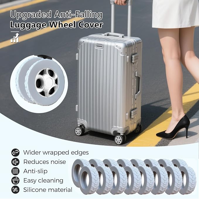 16 Pcs Luggage Wheel Covers, Anti-Noise, Fits 2-2.4" suitcase wheel, Grey | suitcase wheel covers， Widened & Thickened Silicone, Anti-Noise & Scratch-Proof, Fits 2-2.4" Carry-On Luggage Wheels