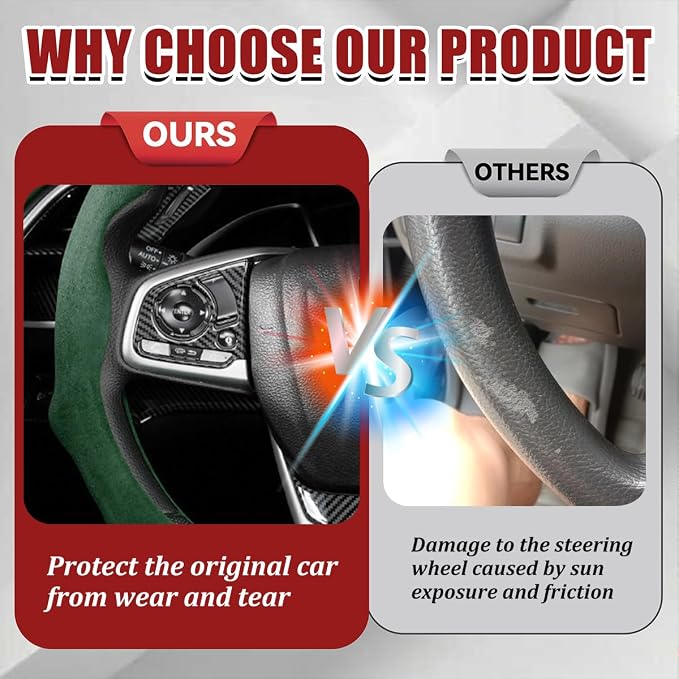 Car Steering Wheel Cover, Soft Brethable Suede Non-Slip Vehicle Steering Wheel Protector, Comfortable Sporty Auto Interior Protection Accessories, Universal for Truck SUV Van (Dark Green)