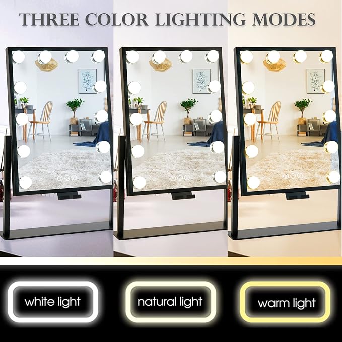 BWLLNI Lighted Makeup Mirror, Vanity Mirror with Lights, Hollywood Vanity Mirror with 9 Dimmable Bulbs Lights, 3 Lighting Modes, Detachable 10X Magnification Mirror, Smart Touch Control, 360°Rotation