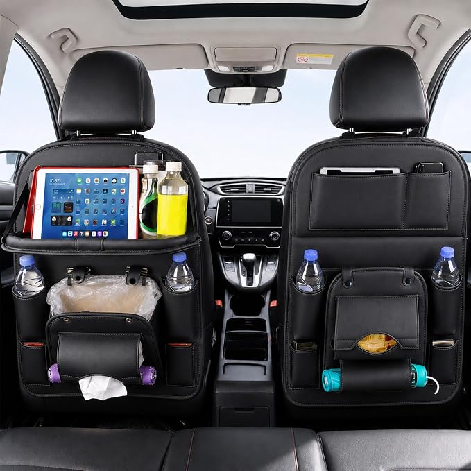 Backseat Car Organizer with Tray, 2 Pack Leather Seat Storage, Black | Foldable Tray Table,Tablet Holder,Trash Can Pocket,Kick Mat Protector,Easy-Clean Leather,2 Pack for Front Seats