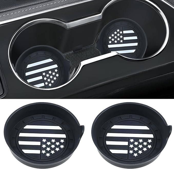 Amooca Car Cup Coaster Universal Non-Slip Silicone Cup Holder Insert Car Interior Accessories for Drink American Flag US Flag 2 Pack Black