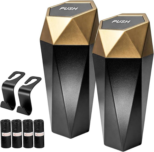 2 PCS Car Trash Can with Lid, Waterproof Diamond Design Auto Cup Holder Trash Bin, Leakproof Mini Garbage Organizer for Vehicle Home Office Kitchen Bedroom, Car Accessories (Golden)