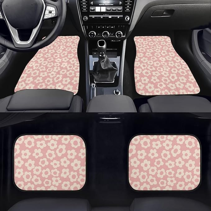 Vintage Pink Flower Print Car Floor Mats Set of 4 Cute Floral Universal Vehicle Floor Carpet Decorative Auto Front Rear Foot Rugs for Trucks SUV Sedan