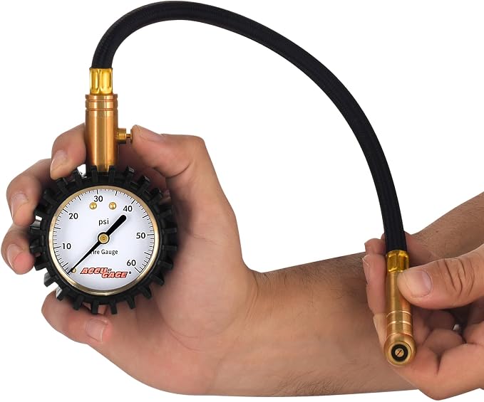Accu-Gage RH60XA Tire Pressure Gauge with Hose and Protective Rubber Guard, Angled Swivel Chuck, 60 PSI