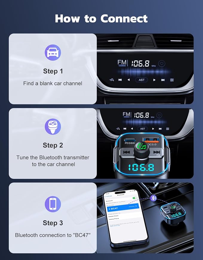 RIWUSI Bluetooth 5.3 Car Adapter【PD 36W+QC3.0 18W】, 2-in-1 FM Bluetooth Transmitter 【Dual Stronger Mics】& Fast Car Charger, Wireless FM Radio Adapter Hands-Free Calling, Siri Assistant, Black
