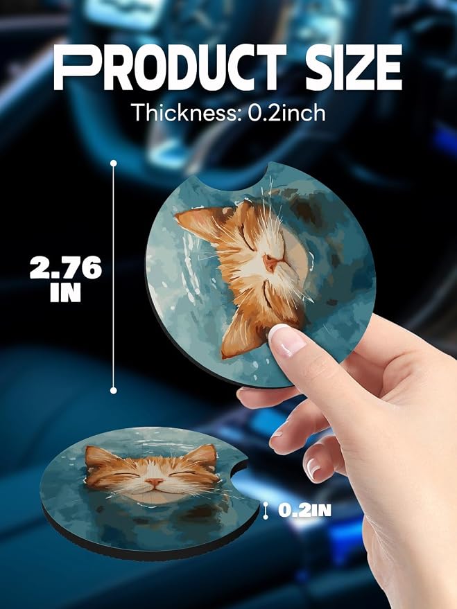 WOCOCN Car Coasters,Cup Holder Coasters for Car,2.75inch Anti Slip and Absorbent,Cute Automotive Interior Accessories for Cup Holder,Pack of 2 (Smiling Cat)