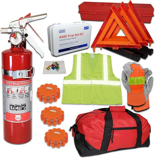 DOT ANSI OSHA Roadside Safety Kit – Includes US-Made 1A:10BC Fire Extinguisher, LED Flares, Hi-Vis Gear – for Fleet Vehicles, Construction Crews & Commercial Drivers Needing Night Visibility