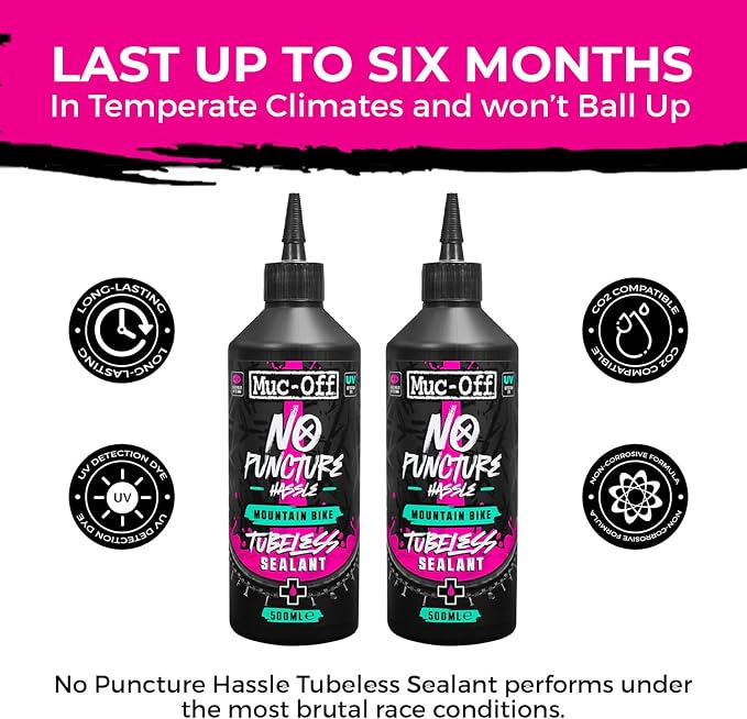 Muc-Off No Puncture Hassle Tubeless Sealant - Advanced Bicycle Tyre Sealant with UV Tracer Dye That Seals Tears and Holes Up to 6mm