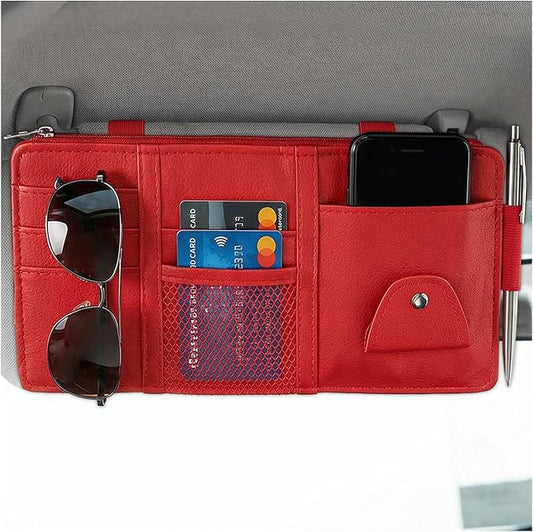 Car Sun Visor Organizer, Multifunctional Auto Visor Storage Bag with Net Pocket & Eyeglass Clamp, Waterproof Multi-Pocket Storage Pouch Ticket Organizer for Car Sun Visors (Red)