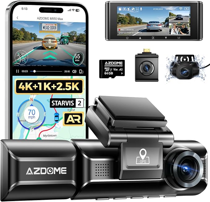 AZDOME M550 Max 4K 3 Channel Dash Cam, Dual STARVIS 2 Sensors, 4K+2.5K+1080P Front and Rear Inside Triple Car Camera, Built-in WiFi GPS, 64GB Card Included, IR Night Vision, for Cars Trucks SUV RVs