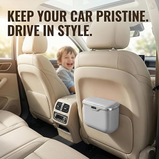 Hanging Car Trash Can, Leakproof Garbage Bin with Lid, Gary | ABS Construction, Clip-On Door/Back Seat Pocket Mount, Waterproof Liner, Push-Top Opening, For Suvs, Trucks, Sedans, Vans
