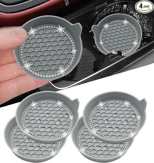 NBTEPEM 4PCS Bling Car Coasters, Non-Slip Insert Water Bottle Holder Pads, Bling Crystal Rhinestone Dustproof Automotive Interior Accessories, Universal for Vehicles, Trucks, RVs (4 pcs, Gray)