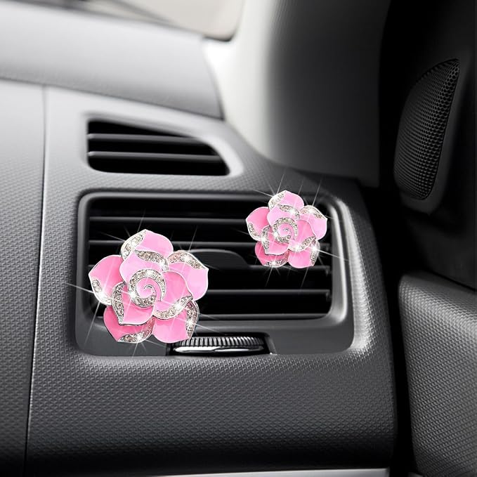 Osilly Bling Car Air Vent Clips, 4PCS/2Set Flower Rhinestone Vehicle Air Outlet Clamp, Sparkly Diamond Automotive Interior Vent Clip Charm Decor Accessories, Universal for SUV Truck RV (Pink)