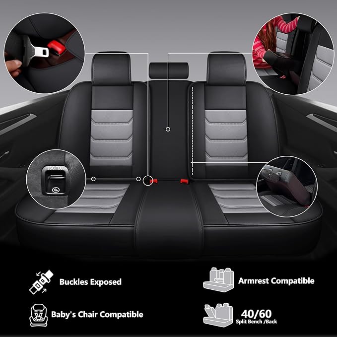 Full Coverage Faux Leather Car Seat Covers Full Set,Automotive Seat Covers for Cars,SUVs Pick-up Truck, Car Seat Cushion, Black and Grey Seat Covers for 5 Seats