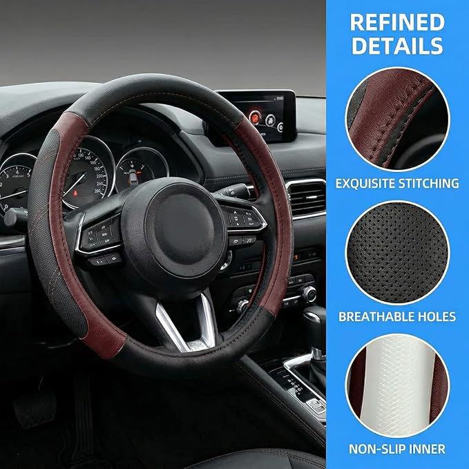 Osilly Car Steering Wheel Cover, 14.5-15" Leather Breathable Anti-Slip Stylish Steering Wheel Protector, Comfortable Auto Interior Decoration Accessories, Universal for SUV Van Truck (Black Wine Red)