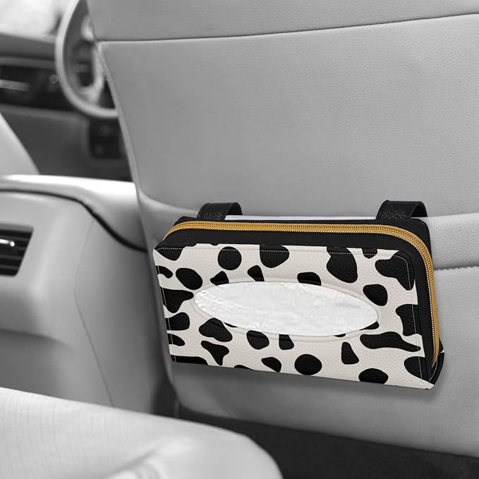 PU Leather Car Napkin Holder Black and White Cow Sun Visor Tissue Holder Christmas Decoration for Most Cars