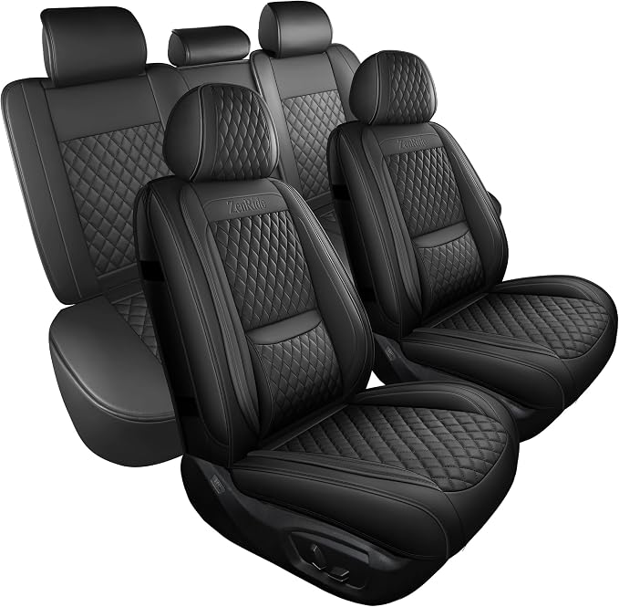 Black Thick Nappa Leather 3D Contoured Automotive Car Seat Covers Full Set | Univerasal Precision Fit,Lumbar Support,3D Contoured,Semi Coverage,Waterproof,ThickTexture,for most Suvs Trucks Sedans