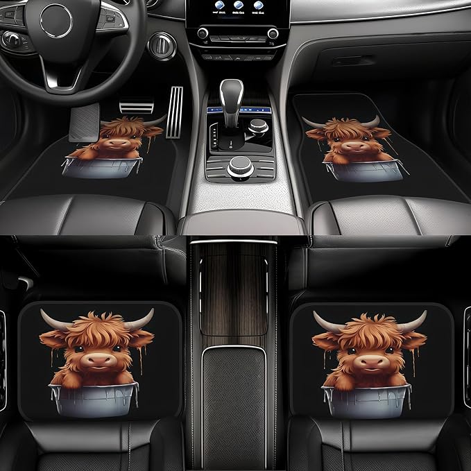 Universal Fit Car Floor Mats Set of 4Pcs, Highland Cow Print All-Weather Front Rear Car Carpet Mats, Non-Slip Car Floor Mat Car Accessories for Automotive Trucks SUV Sedans Vans