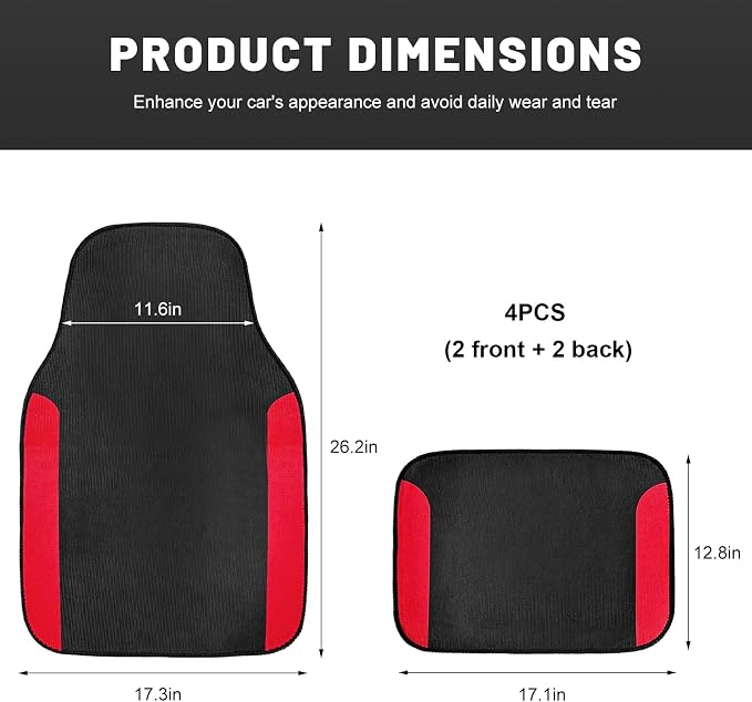 4PCS Car Floor Mats, Waterproof Auto Front & Rear Carpet Mat with Anti-Slip Backing, Stylish Vehicle Rug Floor Mats Universal Interior Accessories for All Weather Protection (Red)