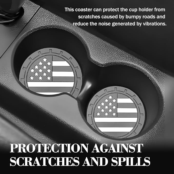 Automotive Universal Car Cup Holder Coasters 4 Pack, Non-Slip Silicone Cup Holder Insert 2.72~2.75 Inch, Anti-Skid Shockproof Drink Mat with Flag Design, Vehicle Interior Accessories Grey