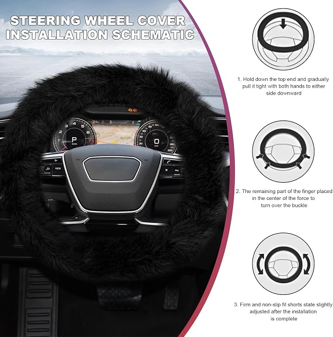 Fluffy Steering Wheel Cover, 15 Inch Anti-Slip Microfiber Plush Fuzzy Steering Wheel Cover, Winter Warm Elastic Fuzzy Steering Wheel Covers for Women and Men, Car Accessories (Black)