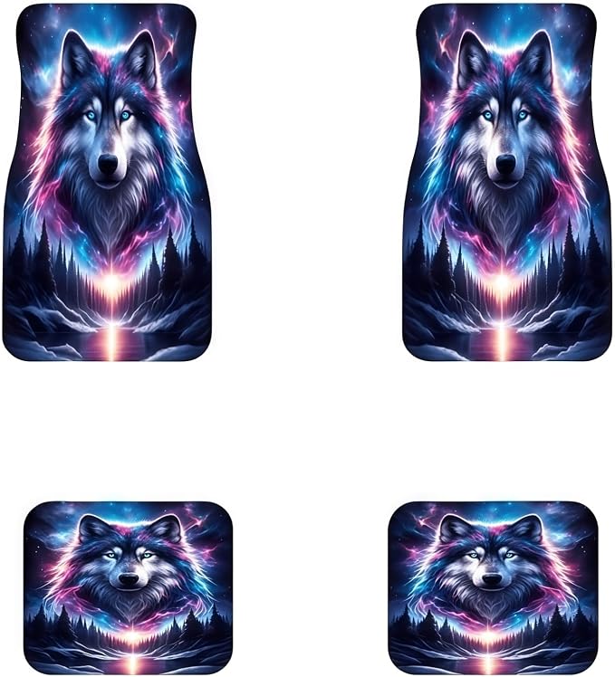 Universal Fit Car Floor Mats Set of 4Pcs, Colorful Mountain Wolf All-Weather Front Rear Car Carpet Mats, Non-Slip Car Floor Mat Car Accessories for Automotive Trucks SUV Sedans Vans