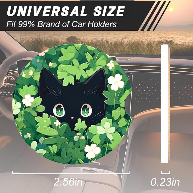 Aiawoxc Car Cup Holder Coasters, 2 Pack Universal Auto Anti Slip Insert Coaster with A Finger Notch, Cup Mat for Most Car Interior, Green Leaf Cat
