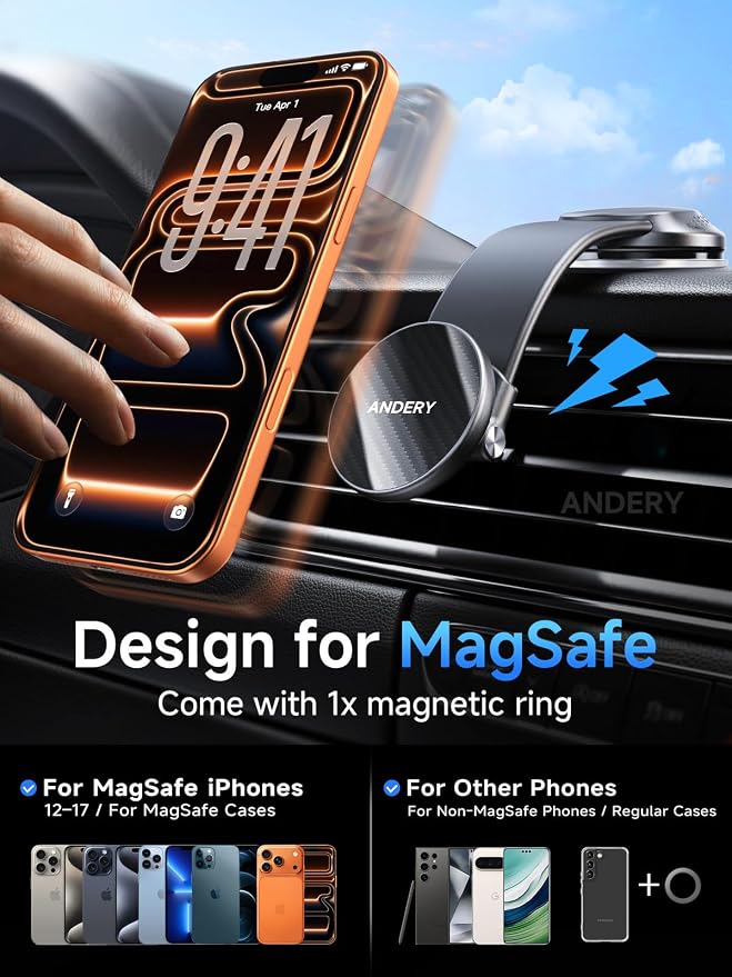 ANDERY Only for iPhone Magsafe Car Mount [360° Adjustable Memory Alloy Arm | 2400gf Strong Magnetic Power] Bendable Phone Holders for Your Car, Car Phone Holder with Dashboard Pad, for iPhone 17-12