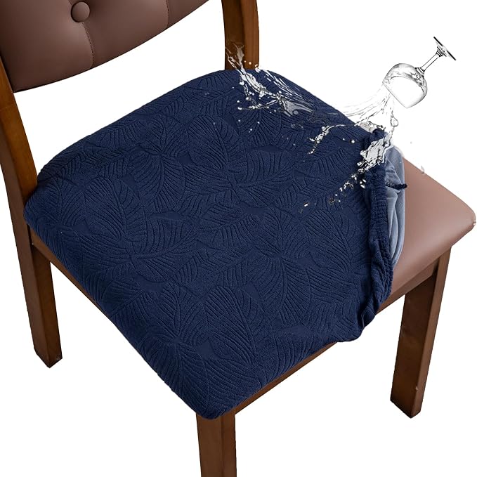Waterproof Chair Seat Cover for Dining Room-Stretchy Washable Chair Seat Covers Set of 4-Kitchen Chair Seat Slipcovers Protector for Home Restaurant Banquet (Navy Blue,Large)