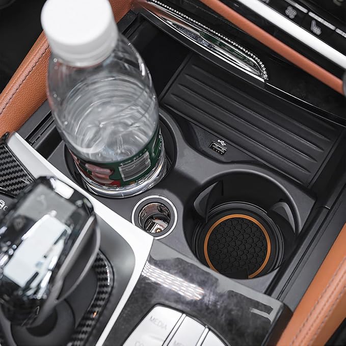 Mandark 2PCS Car Cup Holder Coasters, 2.75 Inch Non-Slip Insert Water Bottle Holder Pads, Dustproof Automotive Interior Accessories Mat, Universal for Vehicles, Trucks, RVs and More(Black/Orange)