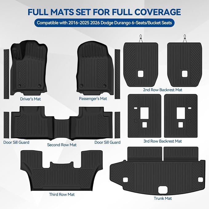 Custom Fit Floor Mats for 2016-2025 2026 Dodge Durango 6-Seater 2nd Row Bucket Seats, All Weather TPE Floor Liners & Trunk Mat & Backrest Mats & Door Sill Guard, Full Set Interior Accessories