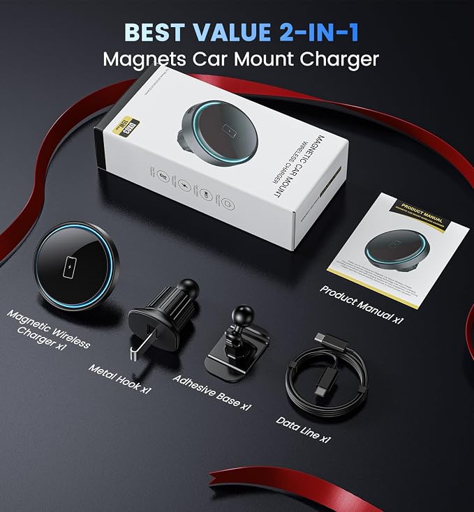Magnetic Car Charger Mount 15W for iPhone 17-12 Pro Max | N52 Strong Magnets, 360° Rotation, Dashboard & Vent Mount, Compatible with Magnetic Cases, Gift for Men, Black