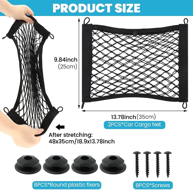 2 Pack Elastic Small Cargo Net Pocket with Hooks,Cargo Netting Bungee,Boat Storage,Trunk Net Organizer for Car,Truck Netting for Cargo(18.9x13.78 inches)