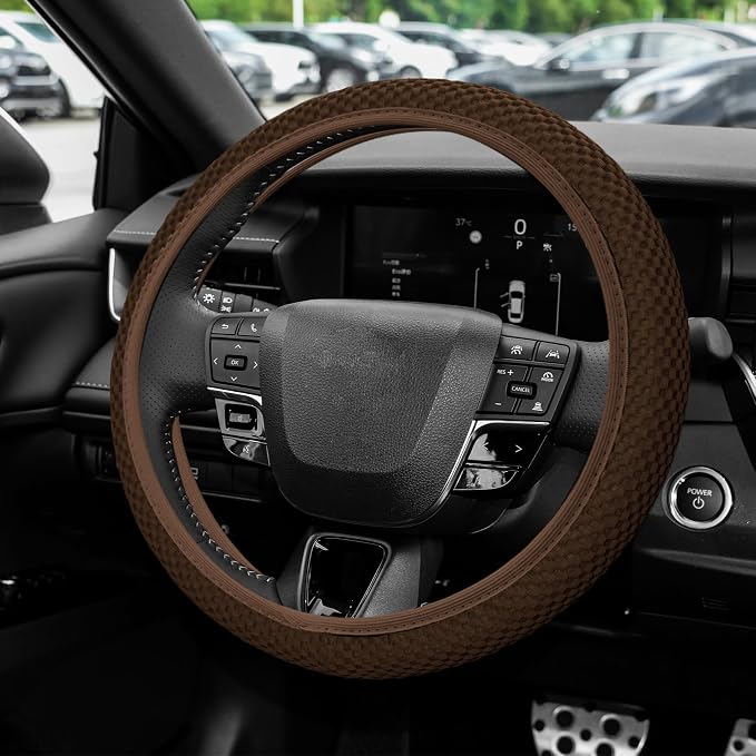 Elastic Stretch Steering Wheel Cover, Steering Wheel Protector, 15 Inch Anti-Slip Breathable Microfiber Ice Silk Protection, Easy Carry, Warm in Winter & Cool in Summer for Cars (Brown)